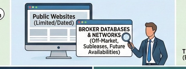 Access to hidden inventory: off-market listings, subleases, and future availabilities via broker databases and networks.