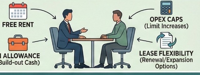 Negotiating beyond base rent: free rent, TI allowance, OPEX caps, and lease flexibility for renewal or expansion.