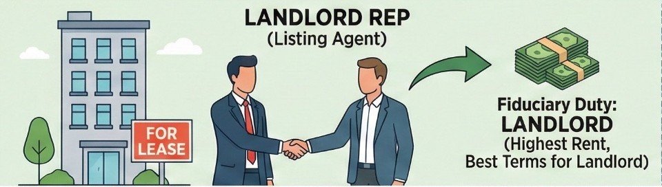Landlord Rep (Listing Agent) — Fiduciary Duty: Landlord. Highest rent, best terms for landlord.